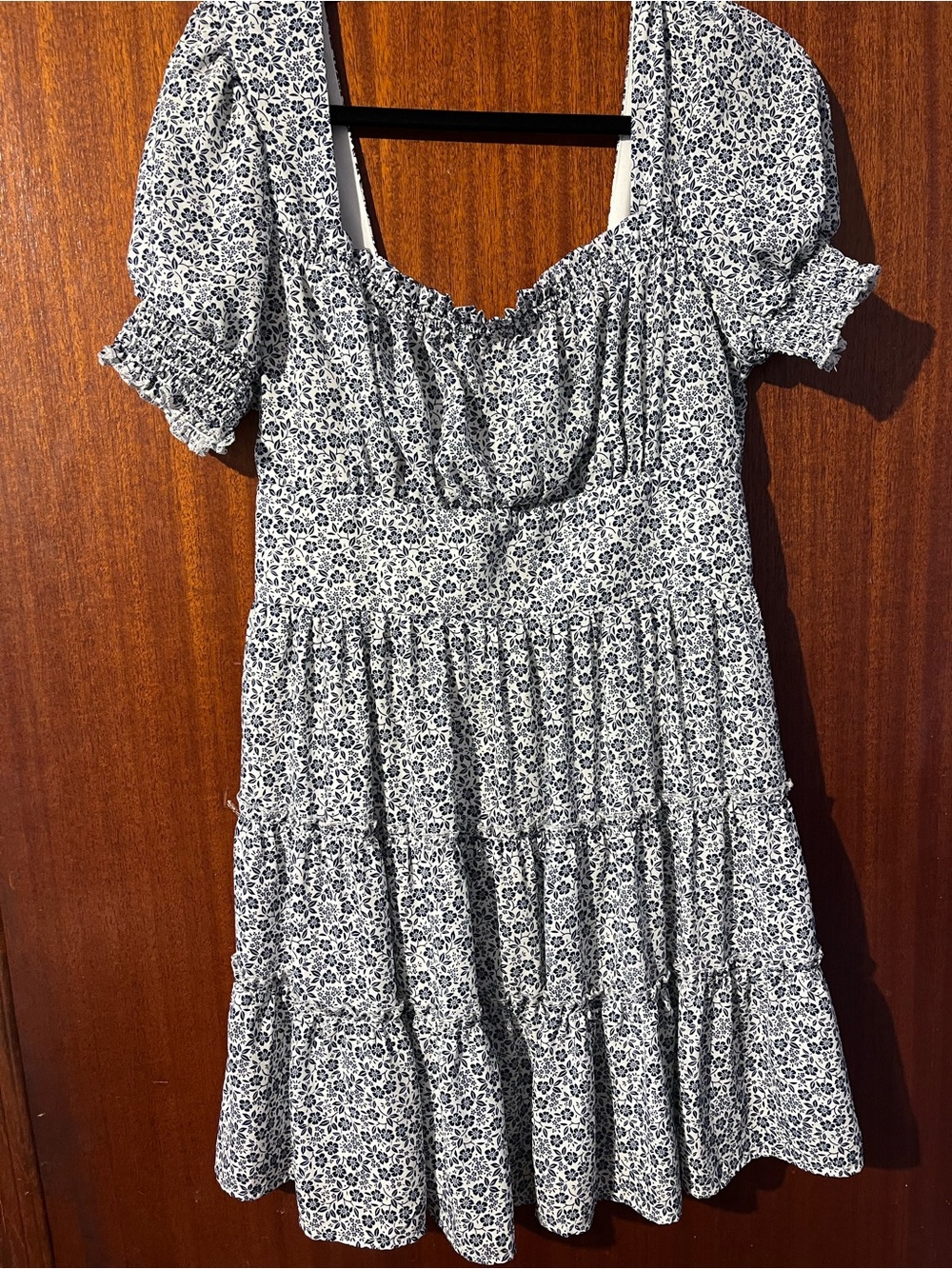 Altar'd State White & Navy Smocked Square-Neck Tiered Mini Dress